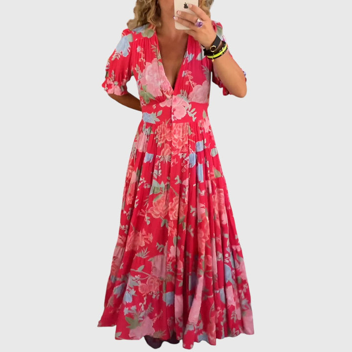 פני - שמלת כיס עם הדפס פרחים בצורת V