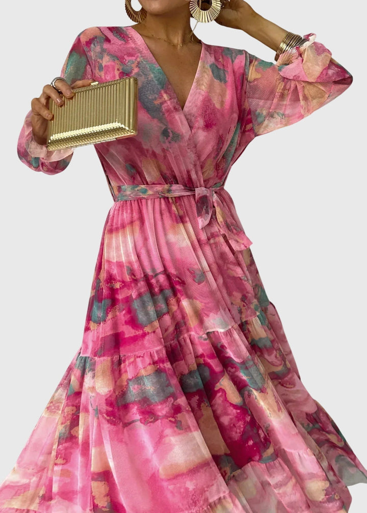 עמבר - שמלת מקסי עם הדפס פרחים ושרוולים ארוכים