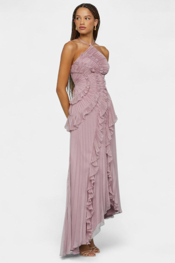 ביה שמלת הלטר עם קפלים ושוליים בגוון לילך אתרי