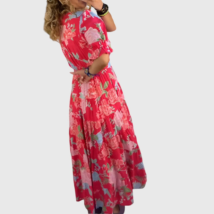 פני - שמלת כיס עם הדפס פרחים בצורת V