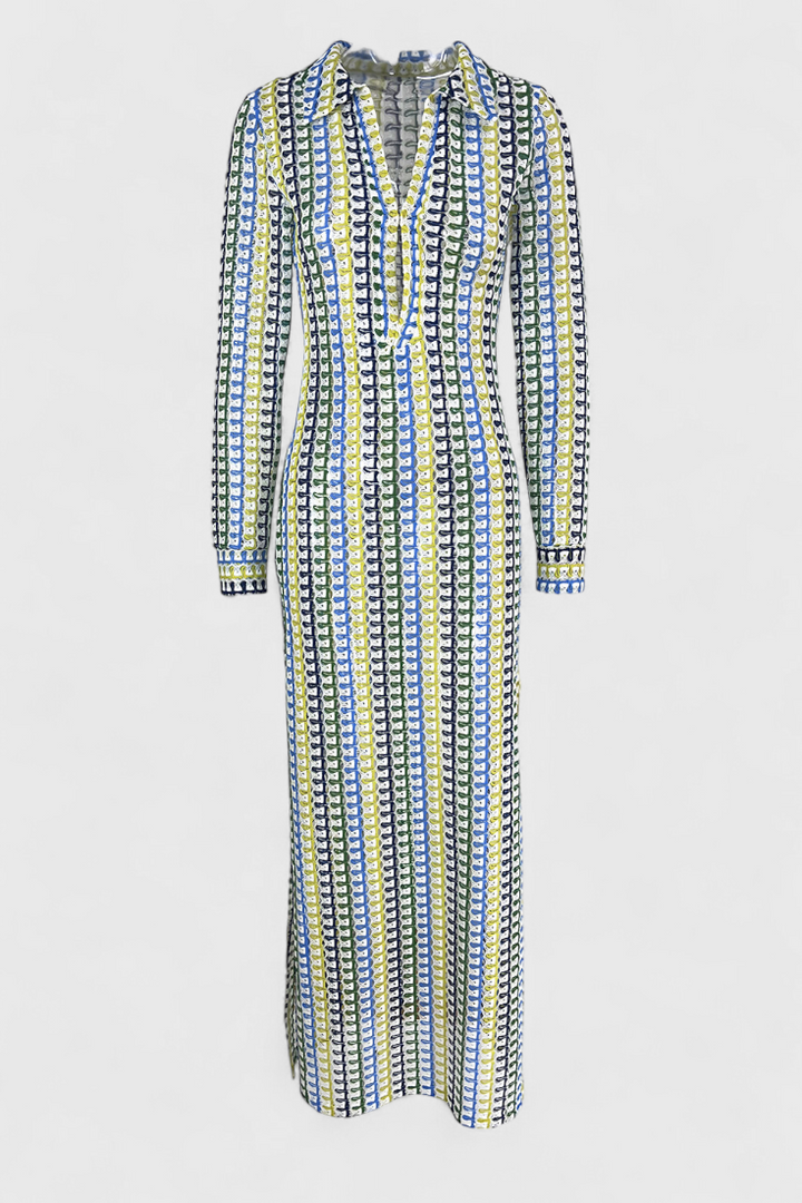 שמלות כריסנטה ארוכות מודפסות עם גלים רב-צבעוניים ושרוולים ארוכים