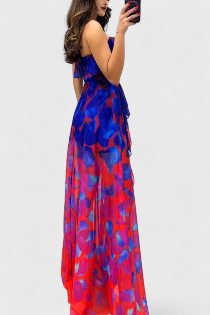 אנסי שמלת מקסי ללא שרוולים עם שכבות רפפות ופתיחה מדורגת