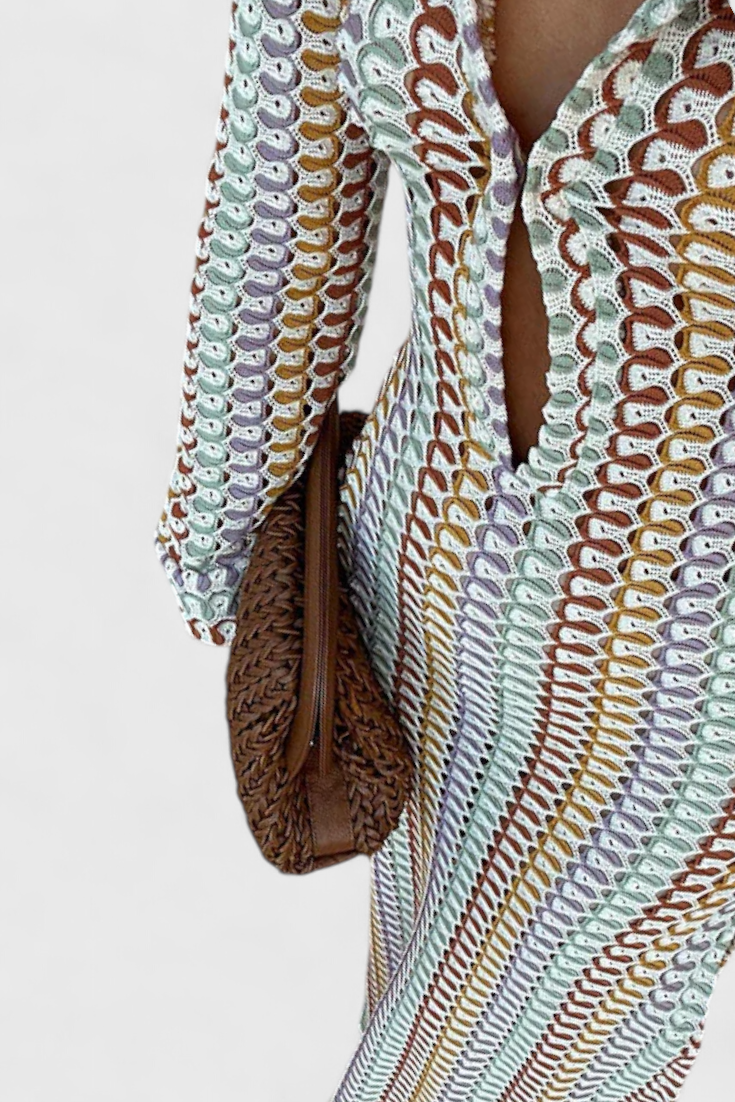 שמלות כריסנטה ארוכות מודפסות עם גלים רב-צבעוניים ושרוולים ארוכים