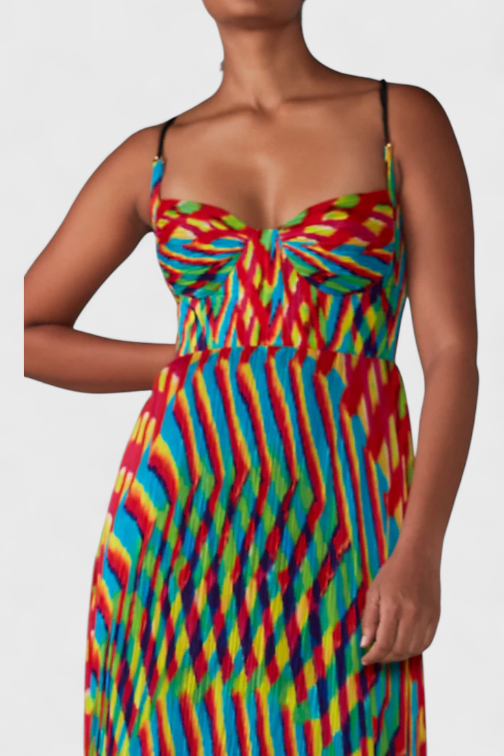 ג'ניס שמלת מקסי עם הדפס אמנותי וחשיפת חזה בסגנון הלטר