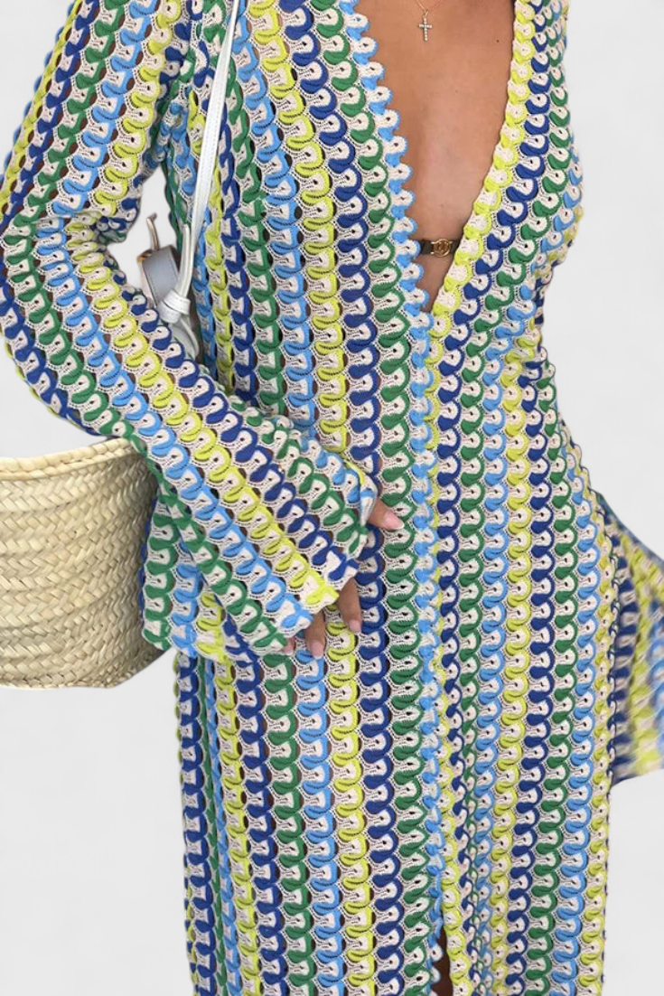 שמלות כריסנטה ארוכות מודפסות עם גלים רב-צבעוניים ושרוולים ארוכים