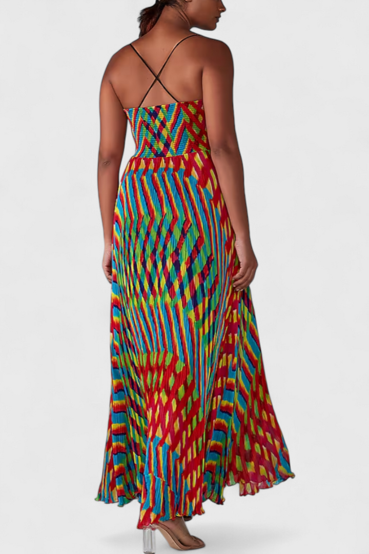 ג'ניס שמלת מקסי עם הדפס אמנותי וחשיפת חזה בסגנון הלטר