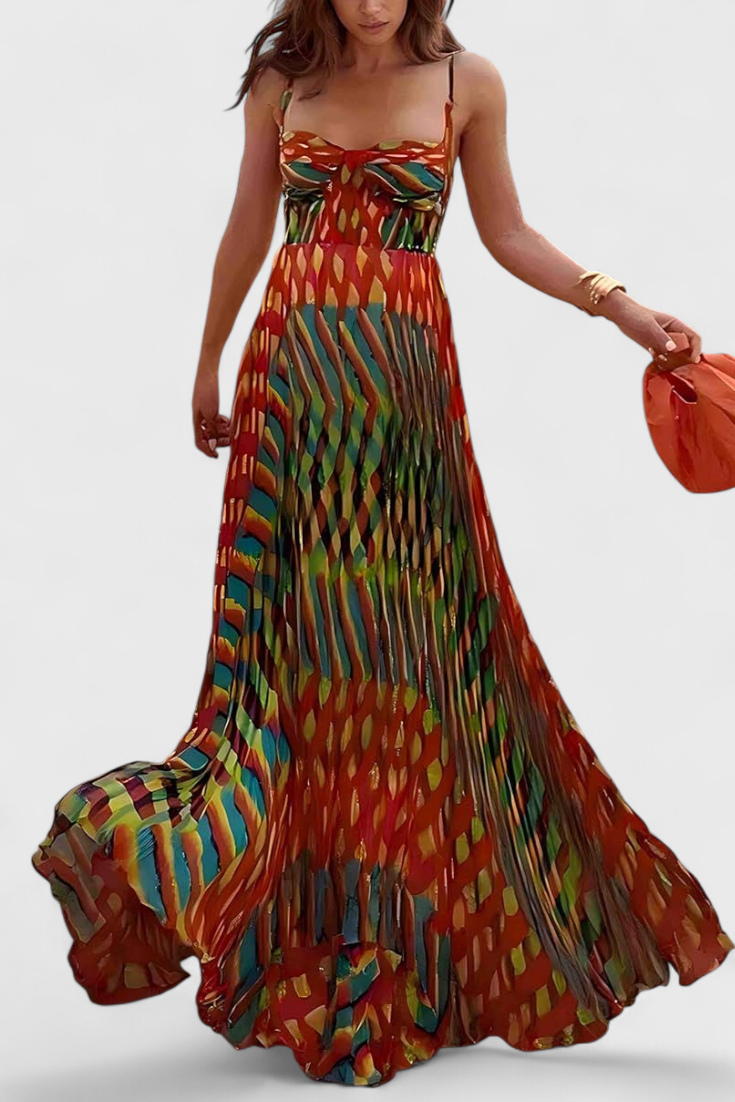 ג'ניס שמלת מקסי עם הדפס אמנותי וחשיפת חזה בסגנון הלטר