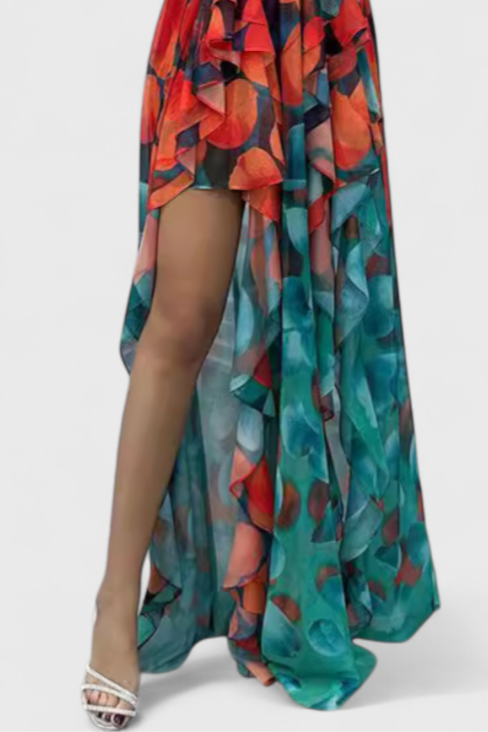 אנסי שמלת מקסי ללא שרוולים עם שכבות רפפות ופתיחה מדורגת