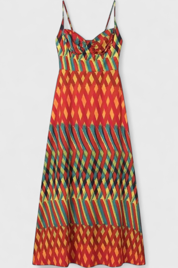 ג'ניס שמלת מקסי עם הדפס אמנותי וחשיפת חזה בסגנון הלטר