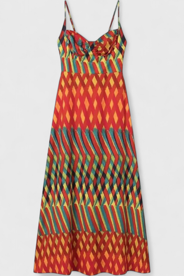 ג'ניס שמלת מקסי עם הדפס אמנותי וחשיפת חזה בסגנון הלטר