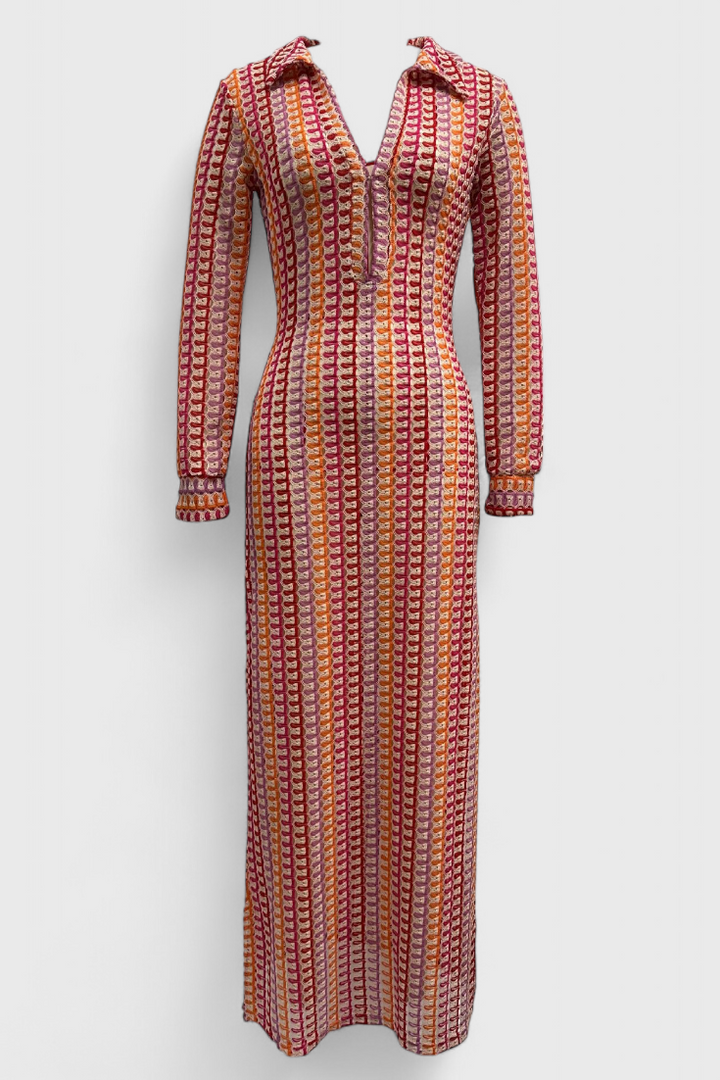 שמלות כריסנטה ארוכות מודפסות עם גלים רב-צבעוניים ושרוולים ארוכים