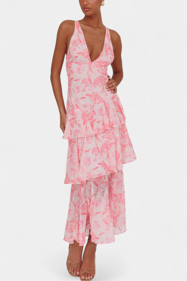 דומניקה שמלת גזה עם מחשוף V ושכבות זורמות